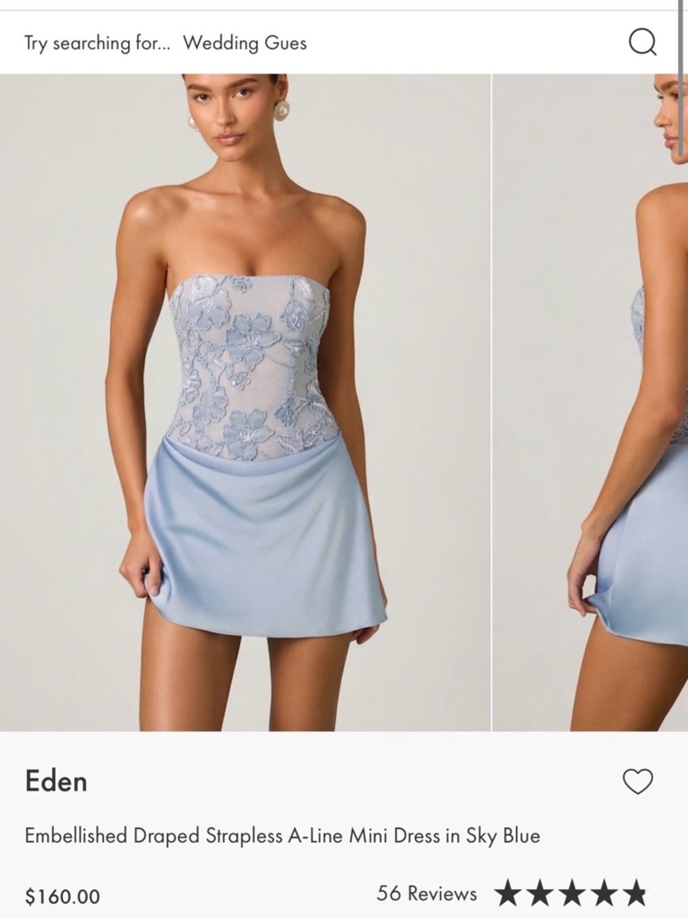 Oh Polly Sky Blue Embellished Draped Strapless A-Line Mini Dress